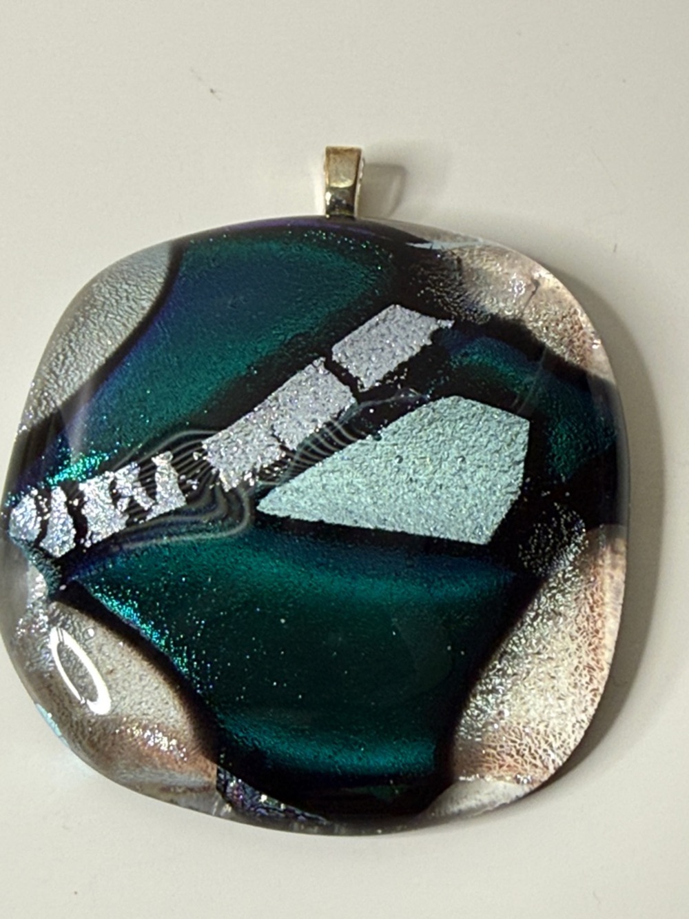 Vintage giant Dichroic Glass Pendant inTeal blue & Silver geometric statement